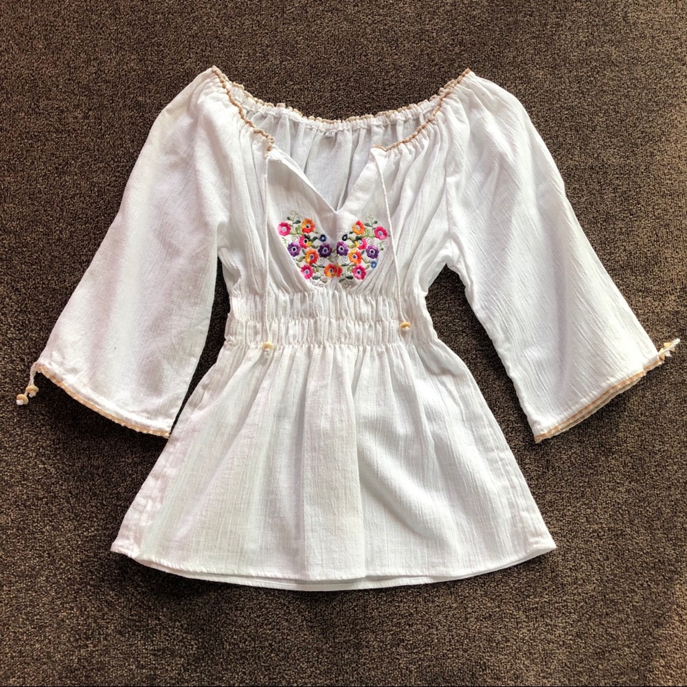 White Off-Shoulder Blouse Top w/ Floral Embroidery